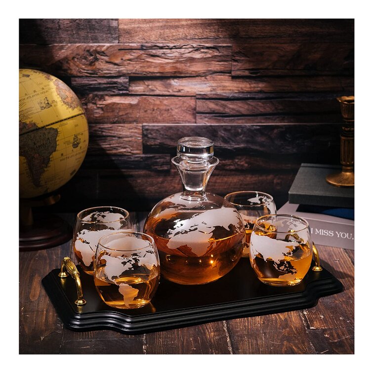 Etched World Map Globe 5 Piece Whiskey Decanter Set